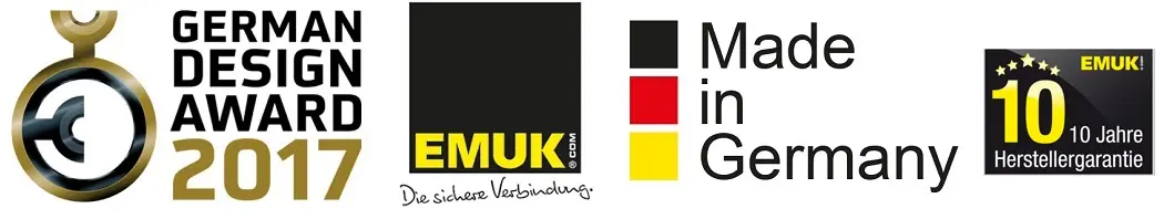 EMUK merkbanner met German Design Award 2017, Made in Germany en 10 jaar fabrieksgarantie