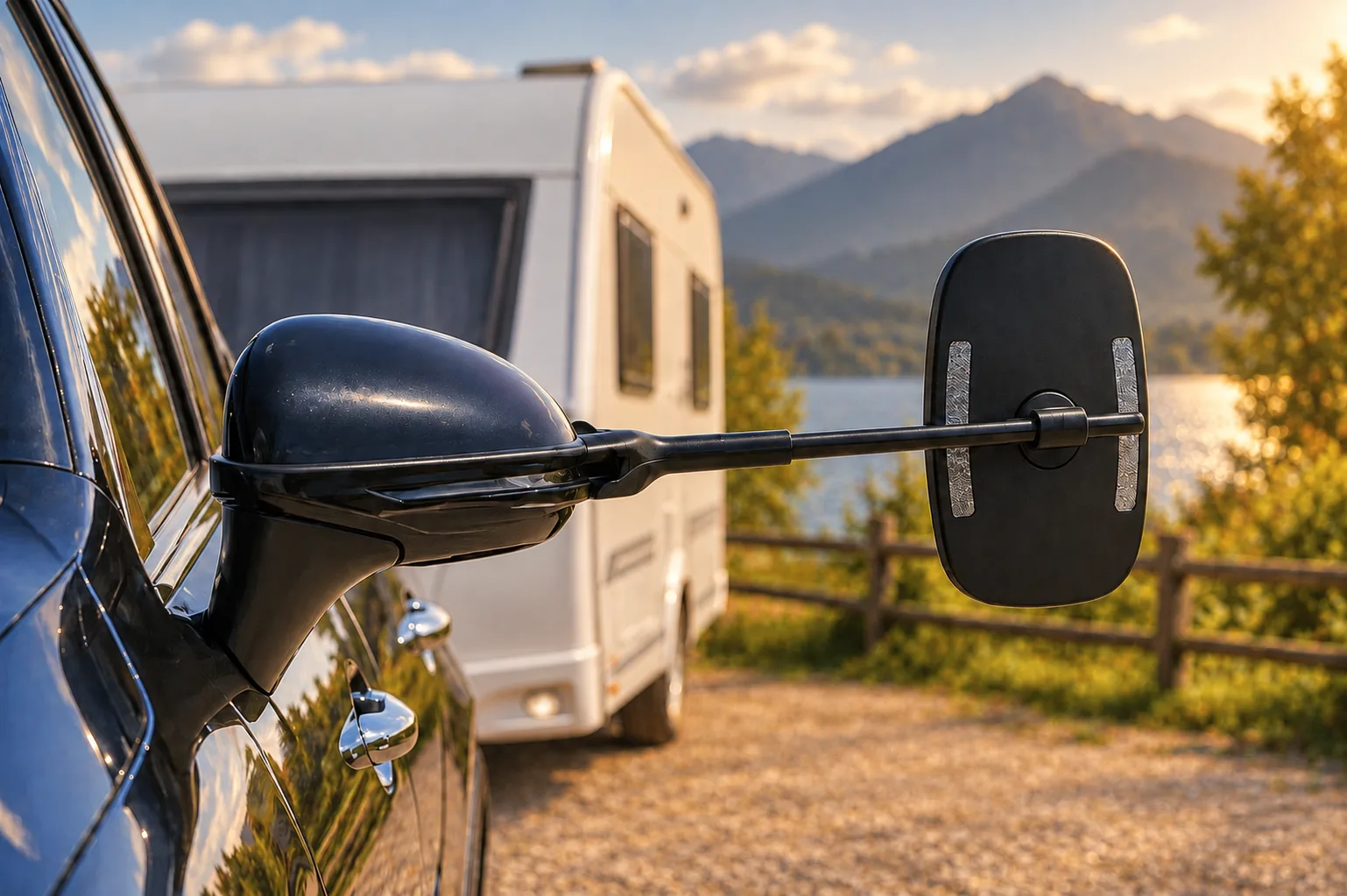 Sfeerbeeld van een auto met een extra caravanspiegel en een caravan in warm avondlicht